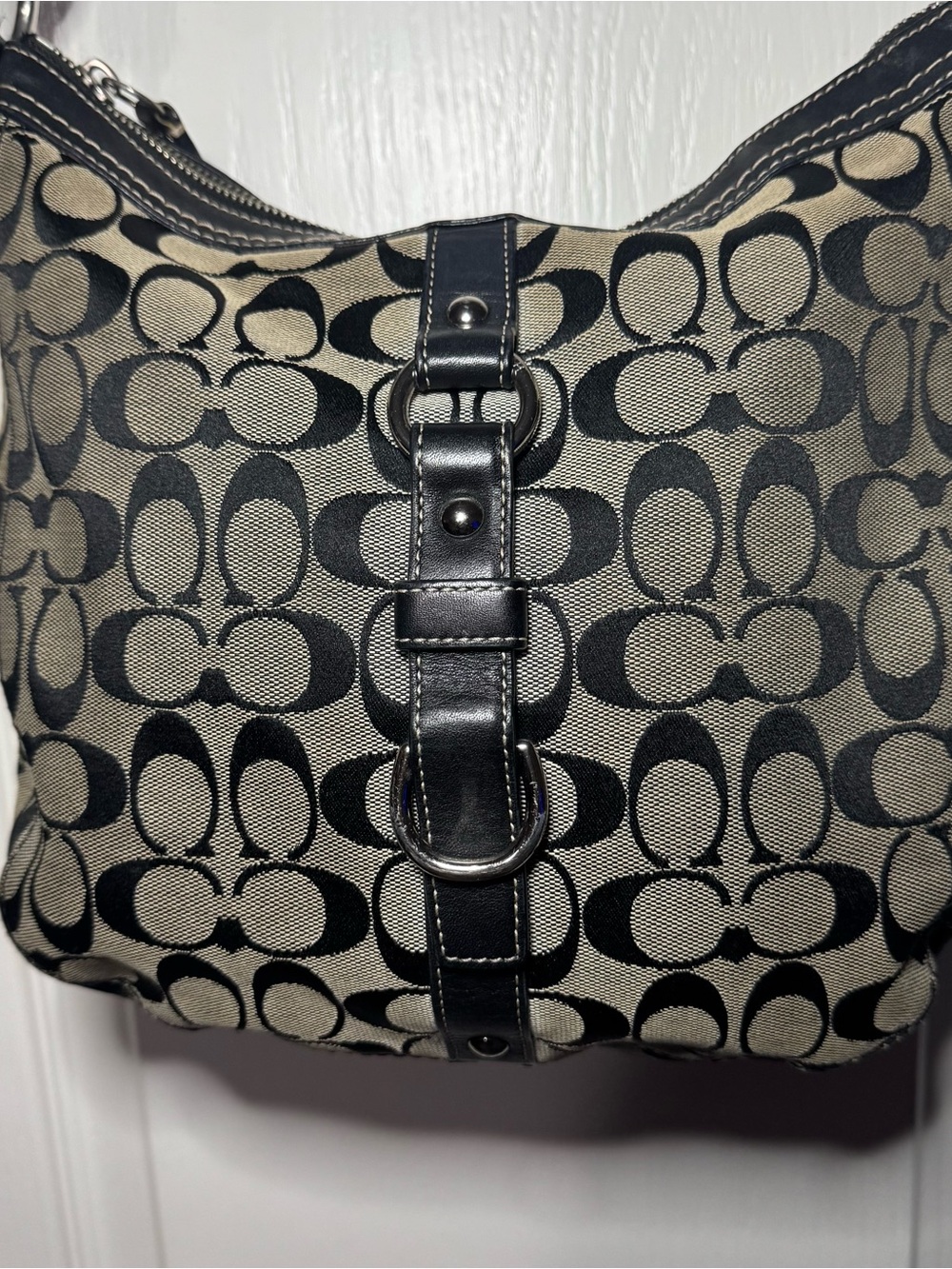 Coach Black & Beige Signature Canvas Hobo Shoulder Bag